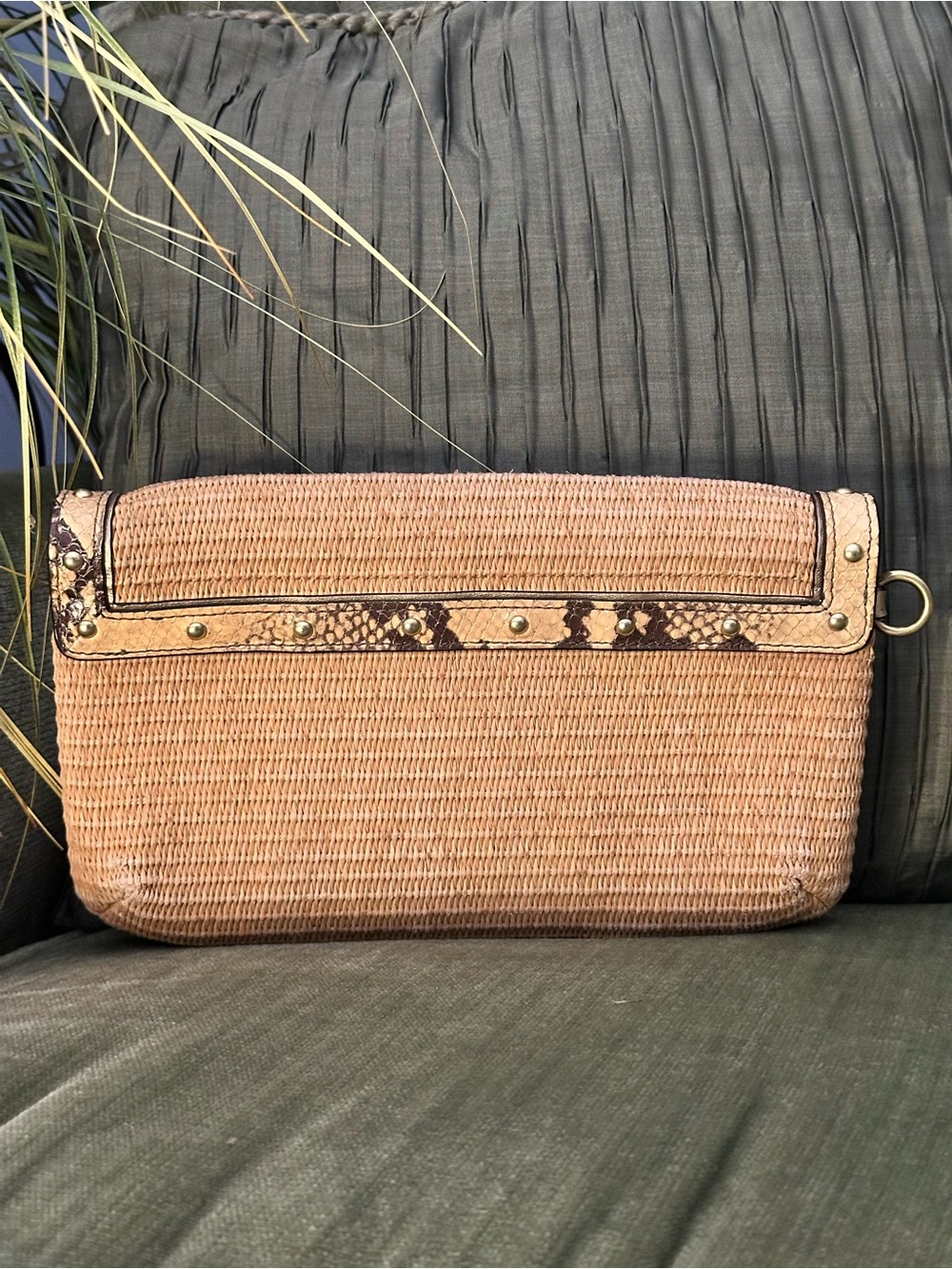 COACH Natalie straw wristlet clutch featuring python-embossed leather trim - Picture 2 of 6